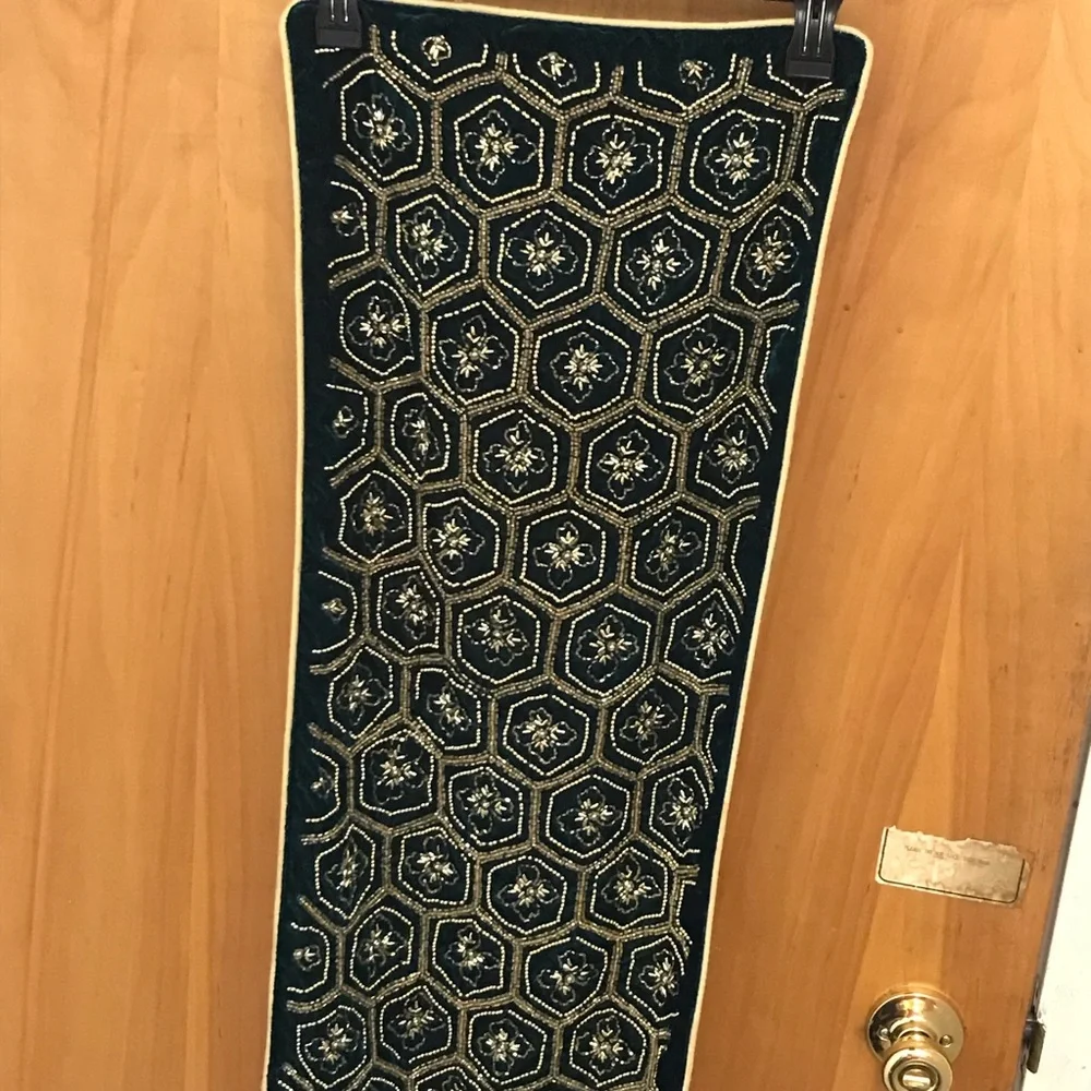 Tahari home- gold beaded green velvet table runner